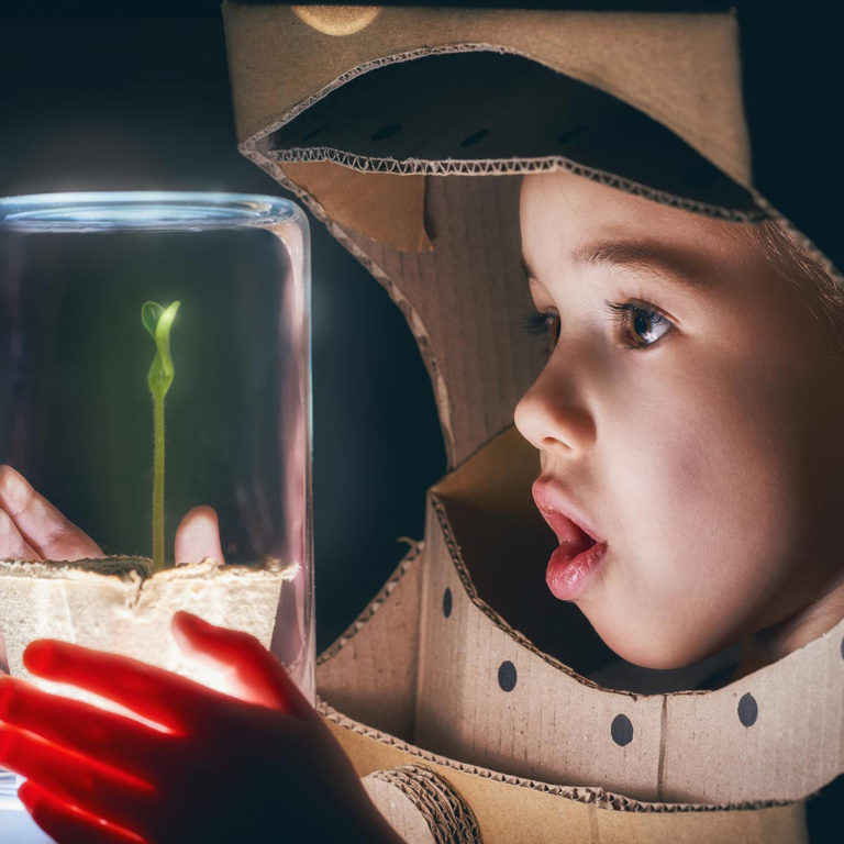 child in cardboard box costume looking at a plant growing